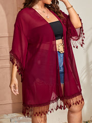  Boho Kimono Women's Plus Solid Short Sleeve Open Front Tassel