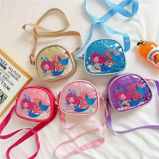 Mermaid PU Leather Crossbody Bag Girls Colorful Sequins Princess Messenger