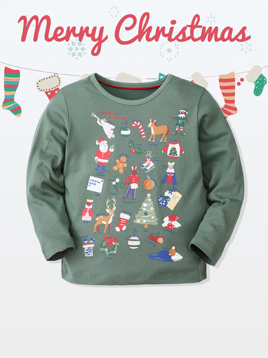 Christmas Print Boys T-shirt Long Sleeve Crew Neck Holiday Clothes