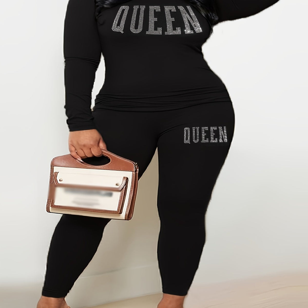  Rhinestone Letter Print Sleeve Crop Top & Leggings Set