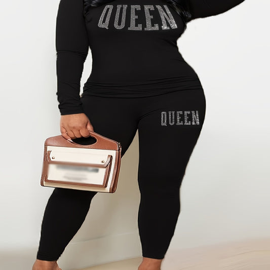  Rhinestone Letter Print Sleeve Crop Top & Leggings Set