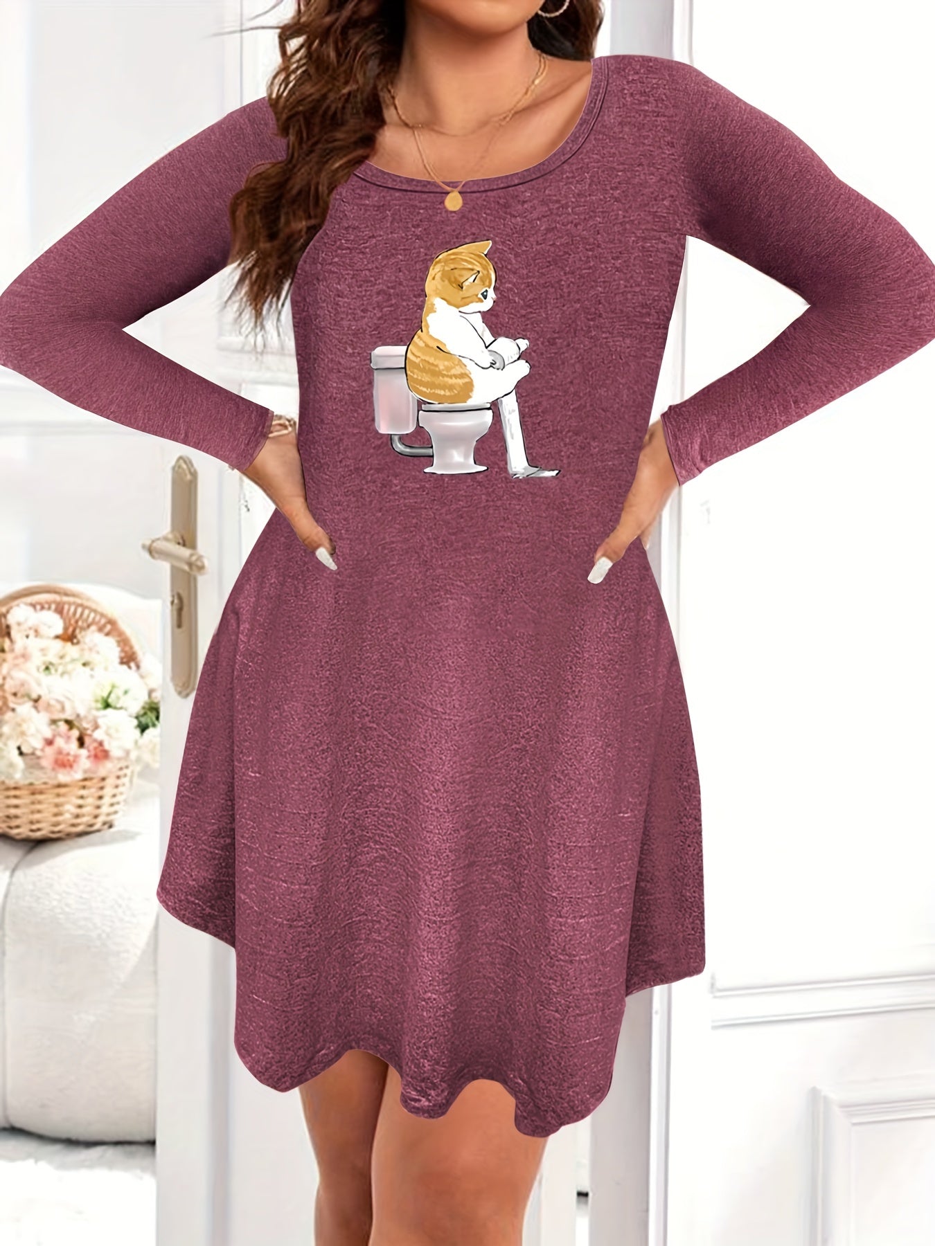  Cat Print Long Sleeve Sleep Dress