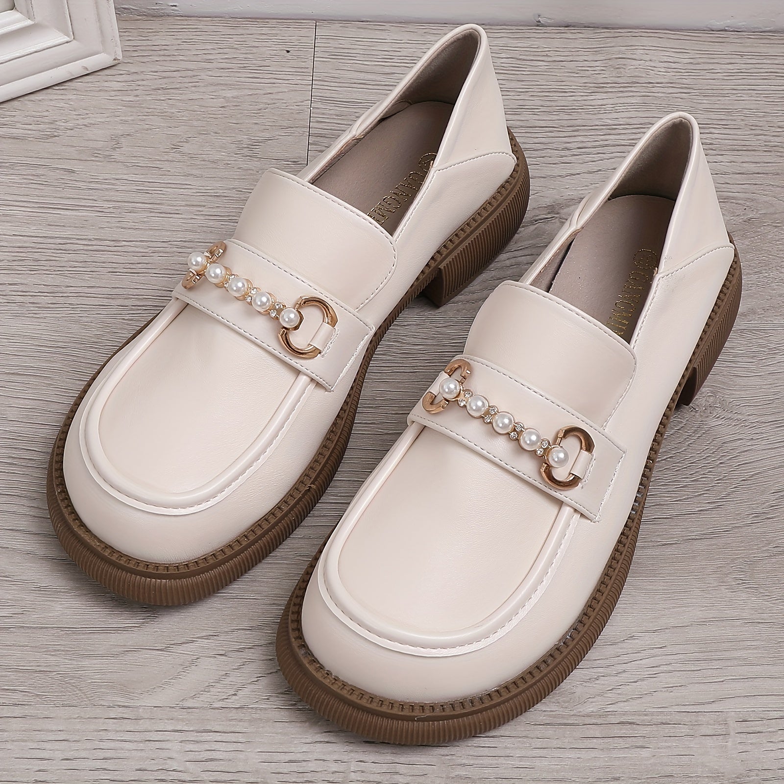 Women's Faux Pearl Loafers Retro Round Toe Solid Shoes Platform Oxford