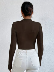 Ruched Bodysuit Mock Neck Long Sleeve Stretchy Solid Skinny One Piece