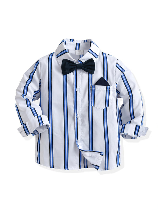 Boys Striped Shirt Long Sleeves With Pocket Bow Tie