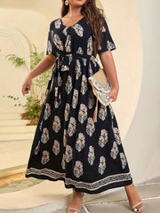 Women's Plus Floral Print Short Sleeve V-Neck Maxi Dress