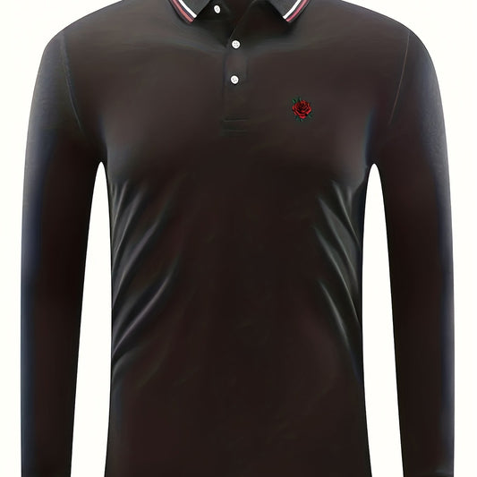 Men's Vintage Rose Print Polo Shirt Casual Stretch Lapel Button Up Polo Shirt