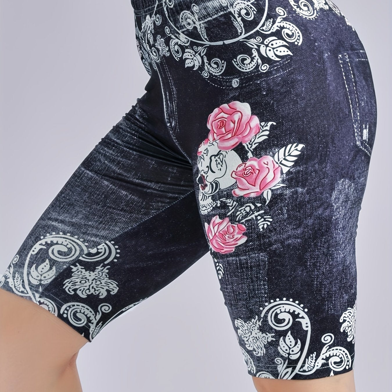 Denim Print Biker Shorts Skull & Floral Print