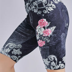 Denim Print Biker Shorts Skull & Floral Print
