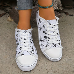 Women's Skull Pattern Canvas Shoes Lace Up Low Round Toe Non slip Outdoor Shoes