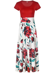 Splicing Crew Neck Dress Short Sleeve Pleated Maxi Dress Women's Clothing