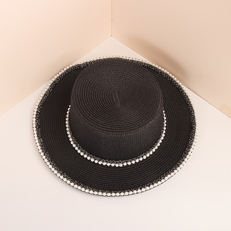 Faux Pearl Decor Sun Hat Flat Top Jazz Fedora Cap Women