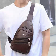 Men's Leather Crossbody Bag with Earphone Hole Large Capacity Satchel Chest Bag