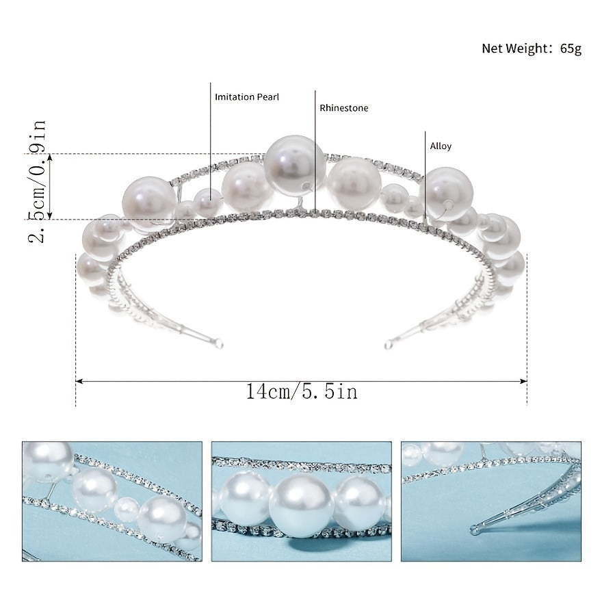 Double Row Rhinestones Faux Pearls Crown Headband