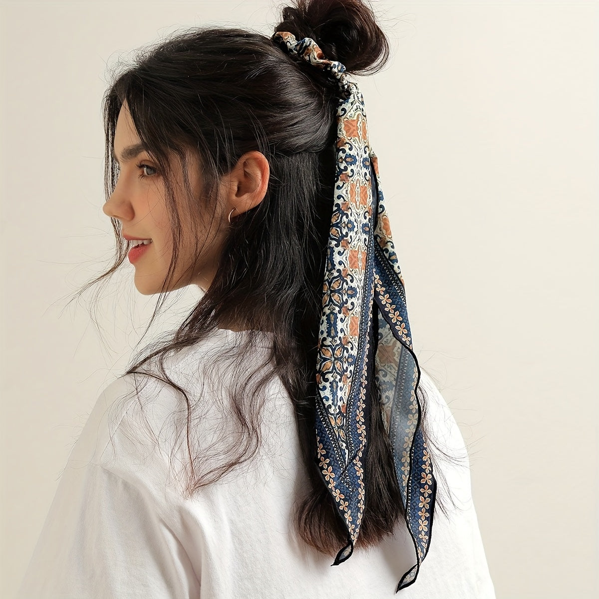 Ditsy Floral Pattern Scrunchie Scarf Silk Hair Tie