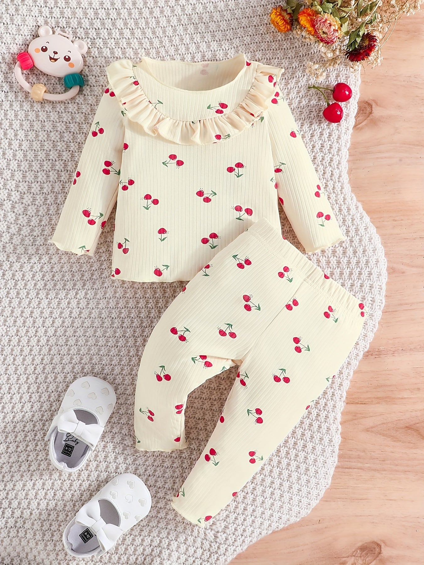 Toddler Girl Cherry Print 2 Piece Set Round Neck Long Sleeve & Trousers