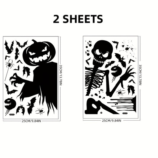 2pcs Halloween Window Stickers Pumpkin Skull Static Stickers