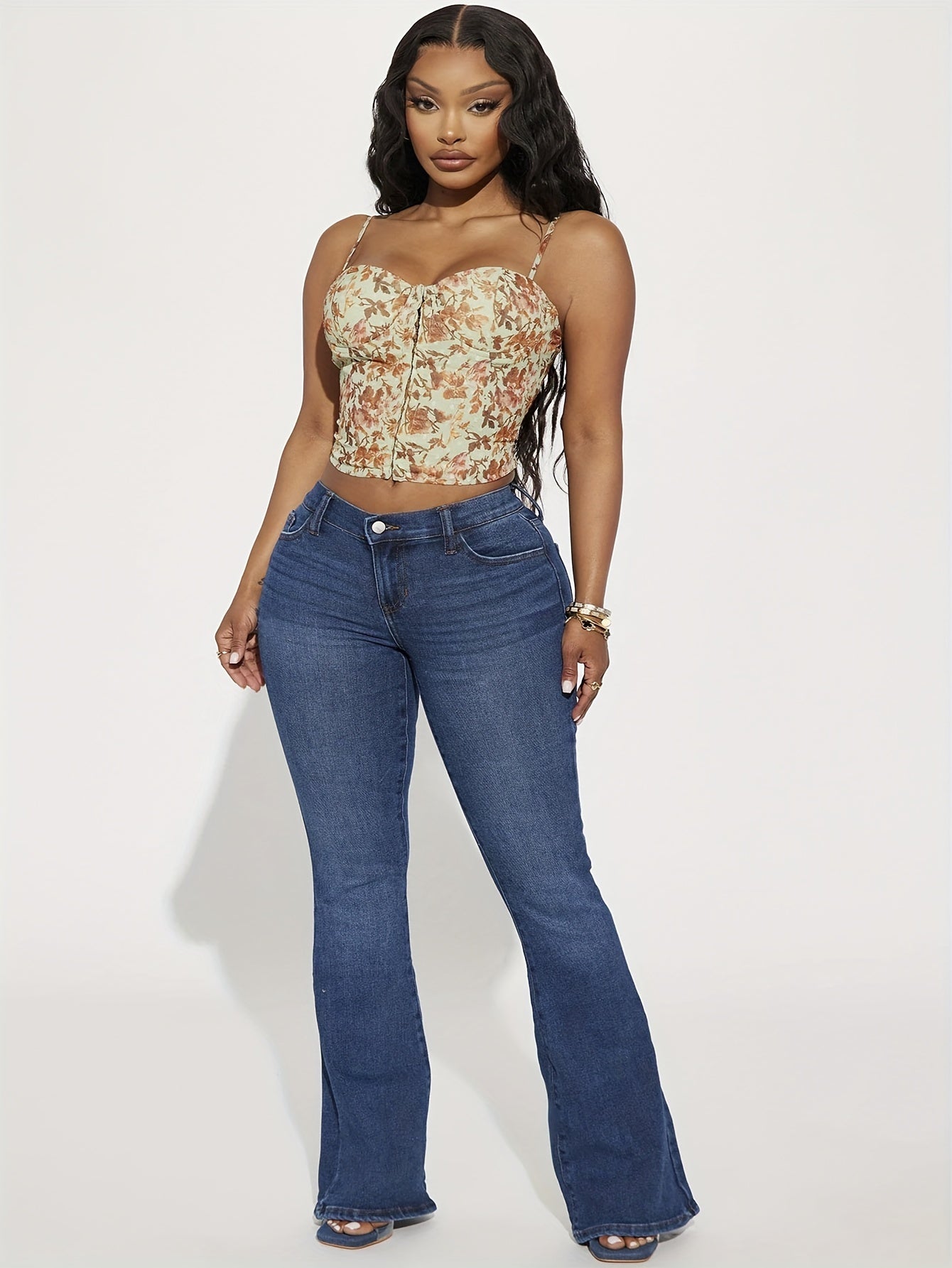  Women's Flared Leg Denim Pants Medium Stretch Slim Fit Jeans