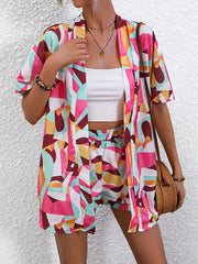 Geo Print Two Piece Set Short Sleeve Open Front Tops & Shorts Outfits