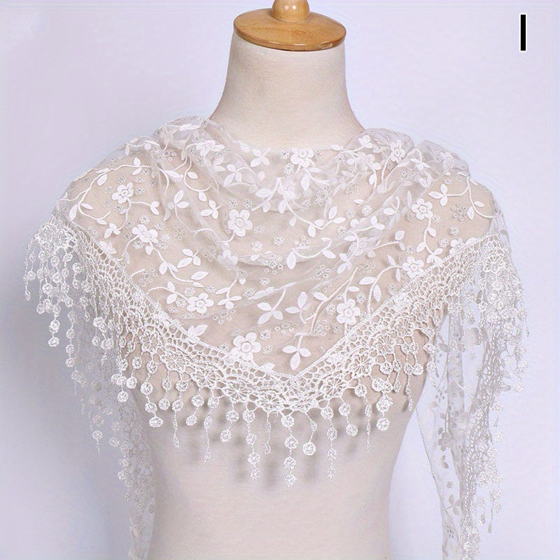 Lace Tassel Triangle Scarf Solid Flower Embroidery Shawl Mesh