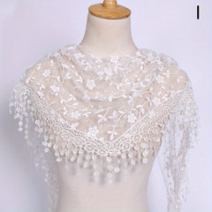 Lace Tassel Triangle Scarf Solid Flower Embroidery Shawl Mesh