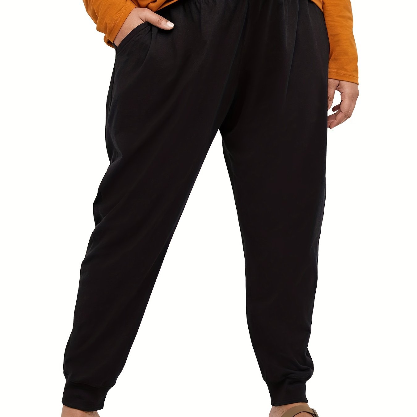  Sporty Pants Women's Plus Solid Elastic Waist Tapered Leg Pants