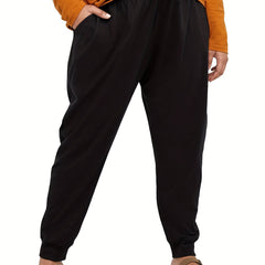  Sporty Pants Women's Plus Solid Elastic Waist Tapered Leg Pants