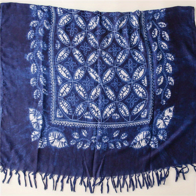 Geometric Leaf Print Scarf Tassel Shawl Vintage Hijab Boho Turban