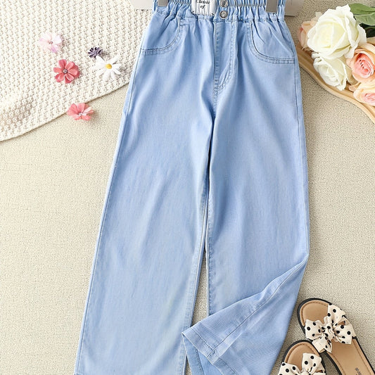 Girls Loose Casual Jeans Elastic Waist Letter Patched Wide Leg Denim Pants