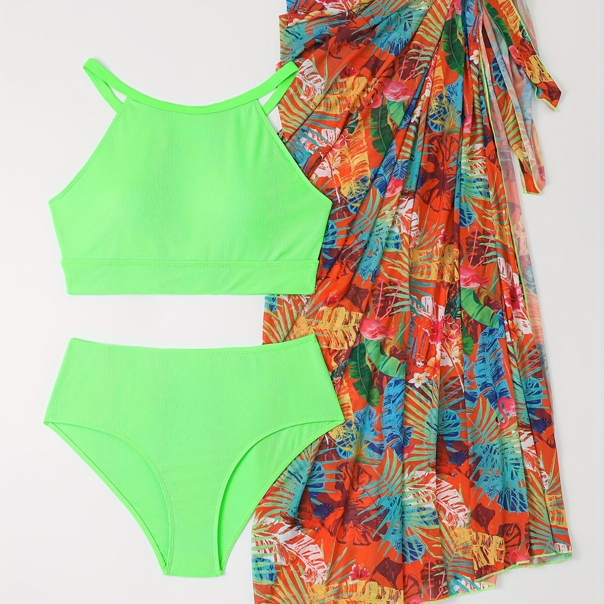  Ribbed Halter Bra Bikini Set with Cover Up Skirt