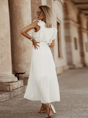 V Neck Pleated Ruffle Maxi Party Dress