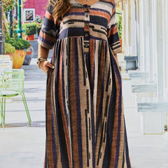 Women's Plus Stripe Print Button Decor Casual Dress