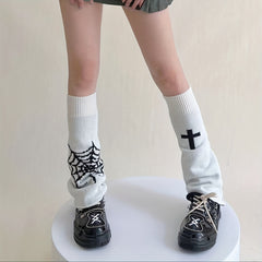Gothic Spider Web Print Leg Warmers Asymmetrical Pattern Knee High Socks