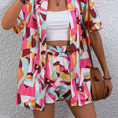 Geo Print Two Piece Set Short Sleeve Open Front Tops & Shorts Outfits