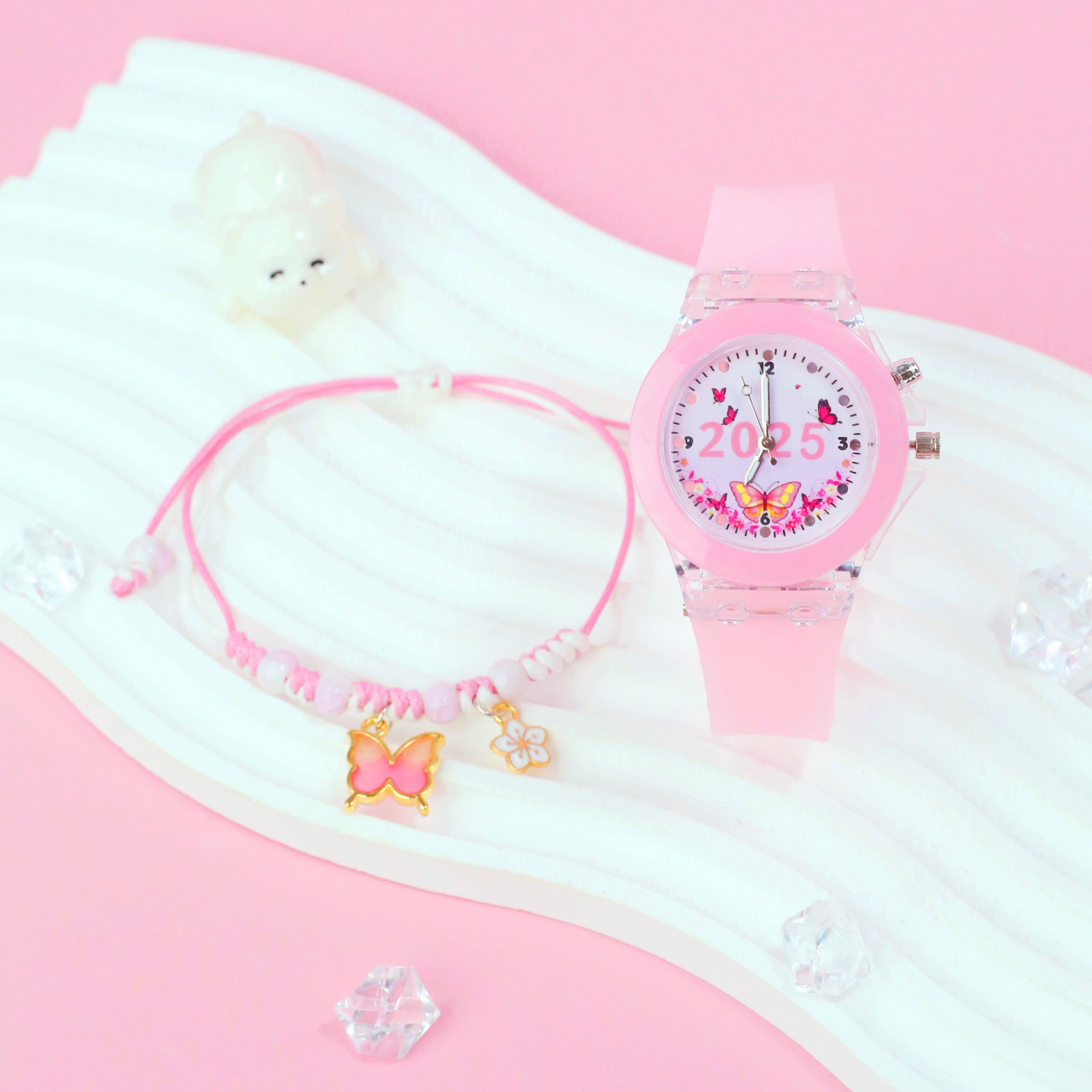 Girls' Pink Quartz Watch & Bracelet Set with Silicone Strap