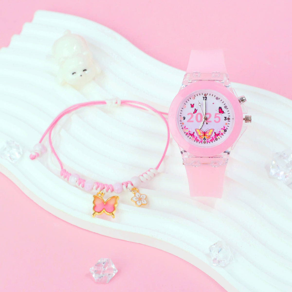 Girls' Pink Quartz Watch & Bracelet Set with Silicone Strap
