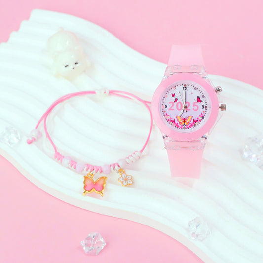 Girls' Pink Quartz Watch & Bracelet Set with Silicone Strap