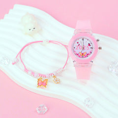 Girls' Pink Quartz Watch & Bracelet Set with Silicone Strap