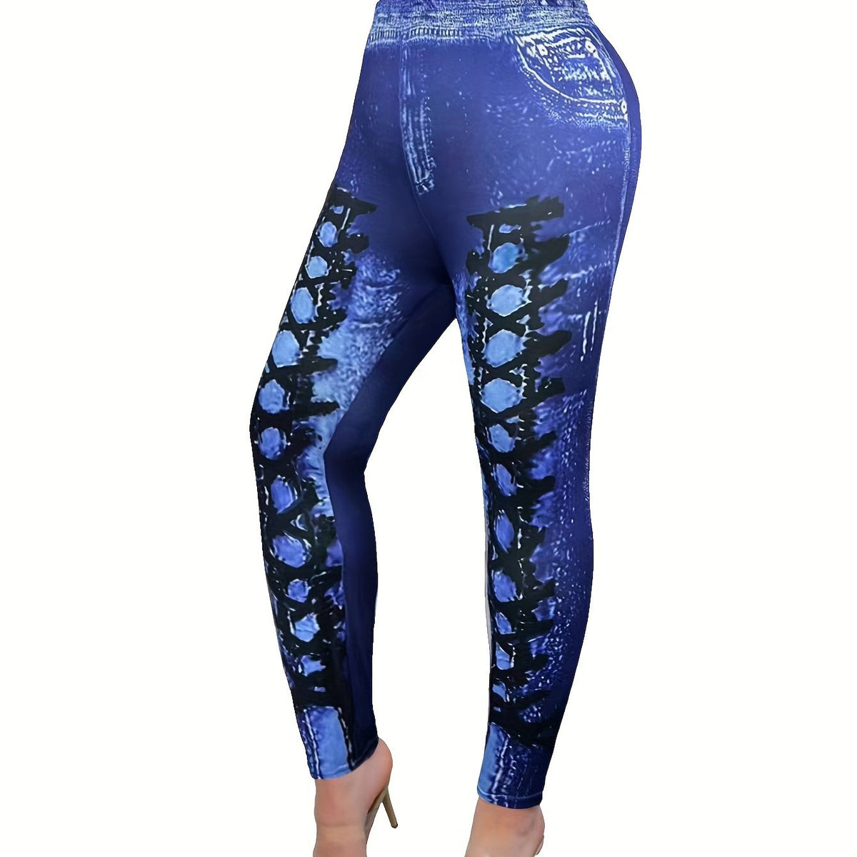  Denim Print Stretch Skinny Trousers
