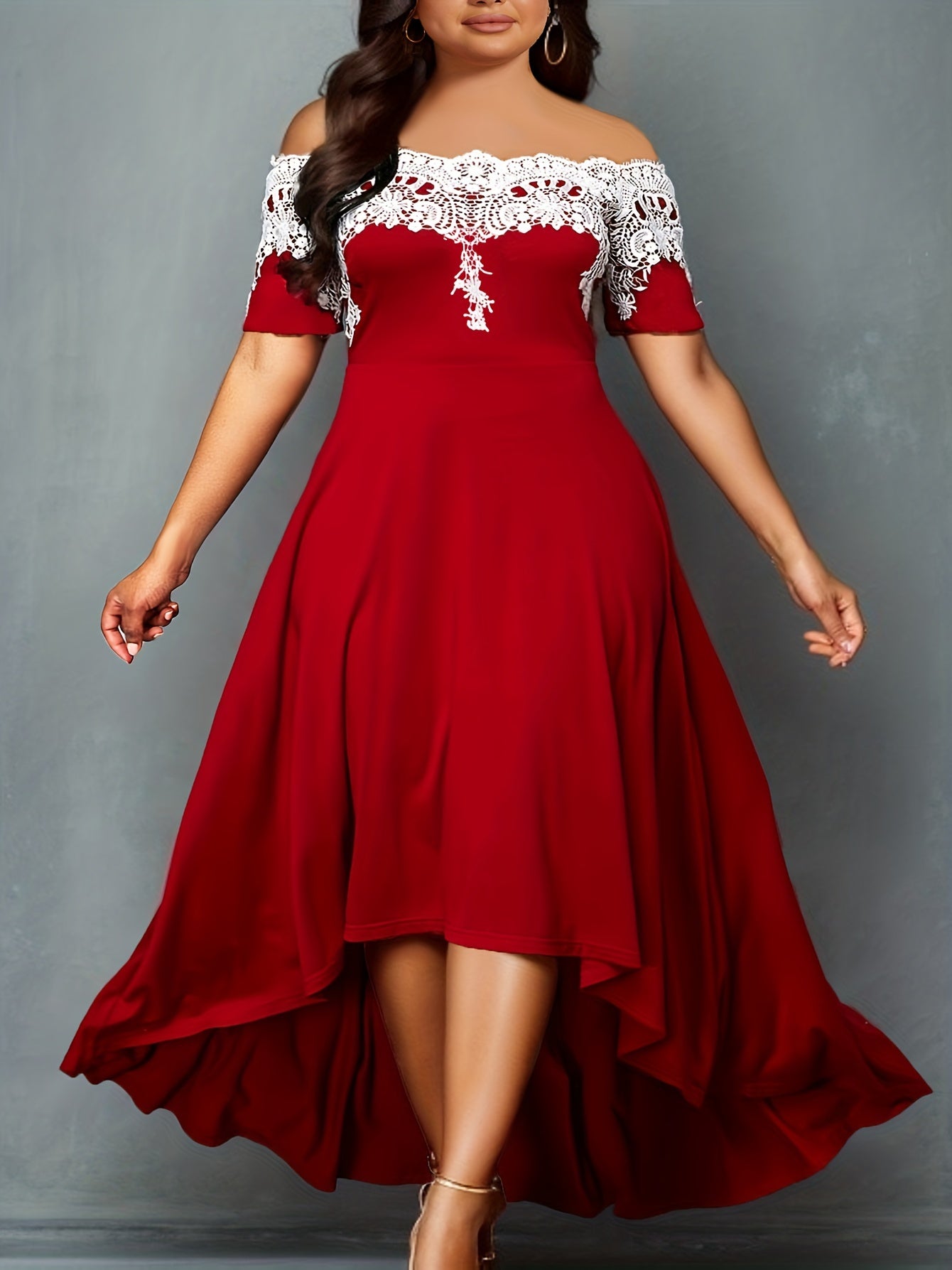  Casual Dress Women's Plus Colorblock Lace Off Shoulder Maxi Dress