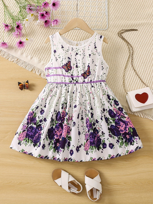Girls' Rose And Butterfly Graphic Sleeveless Summer Dress