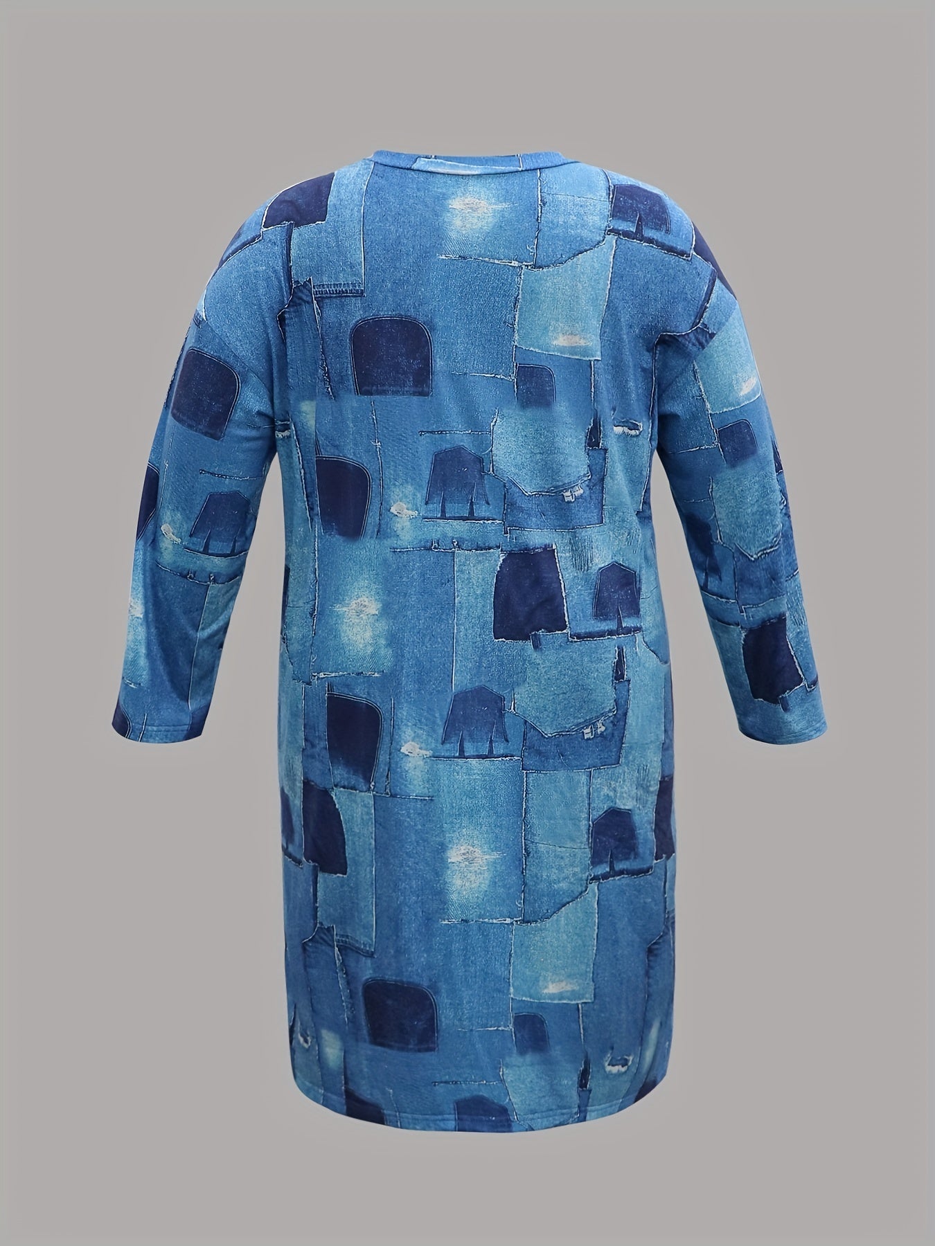  Denim Print V-Neck Long Sleeve Dress with Pockets
