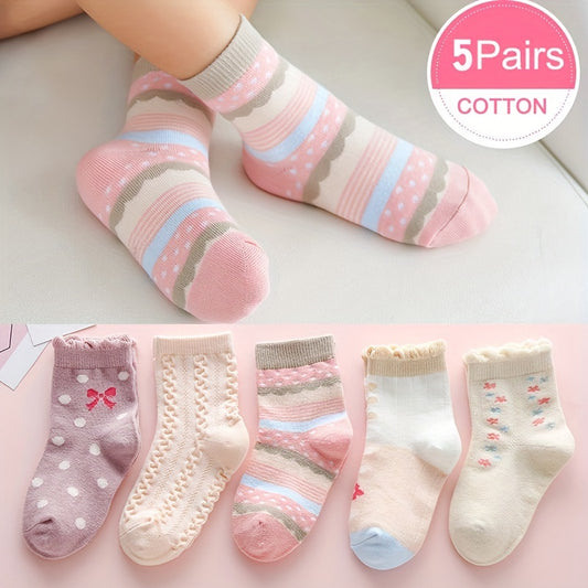 5 Pairs Casual Flower Bow Polka Dot Knit Socks