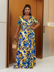  Flower Print High Waist Wrap Maxi Dress
