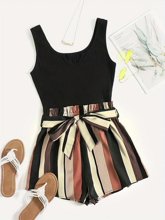 Stripe Print Belted Romper Jumpsuit Casual Sleeveless Tank Romper Jumpsuit