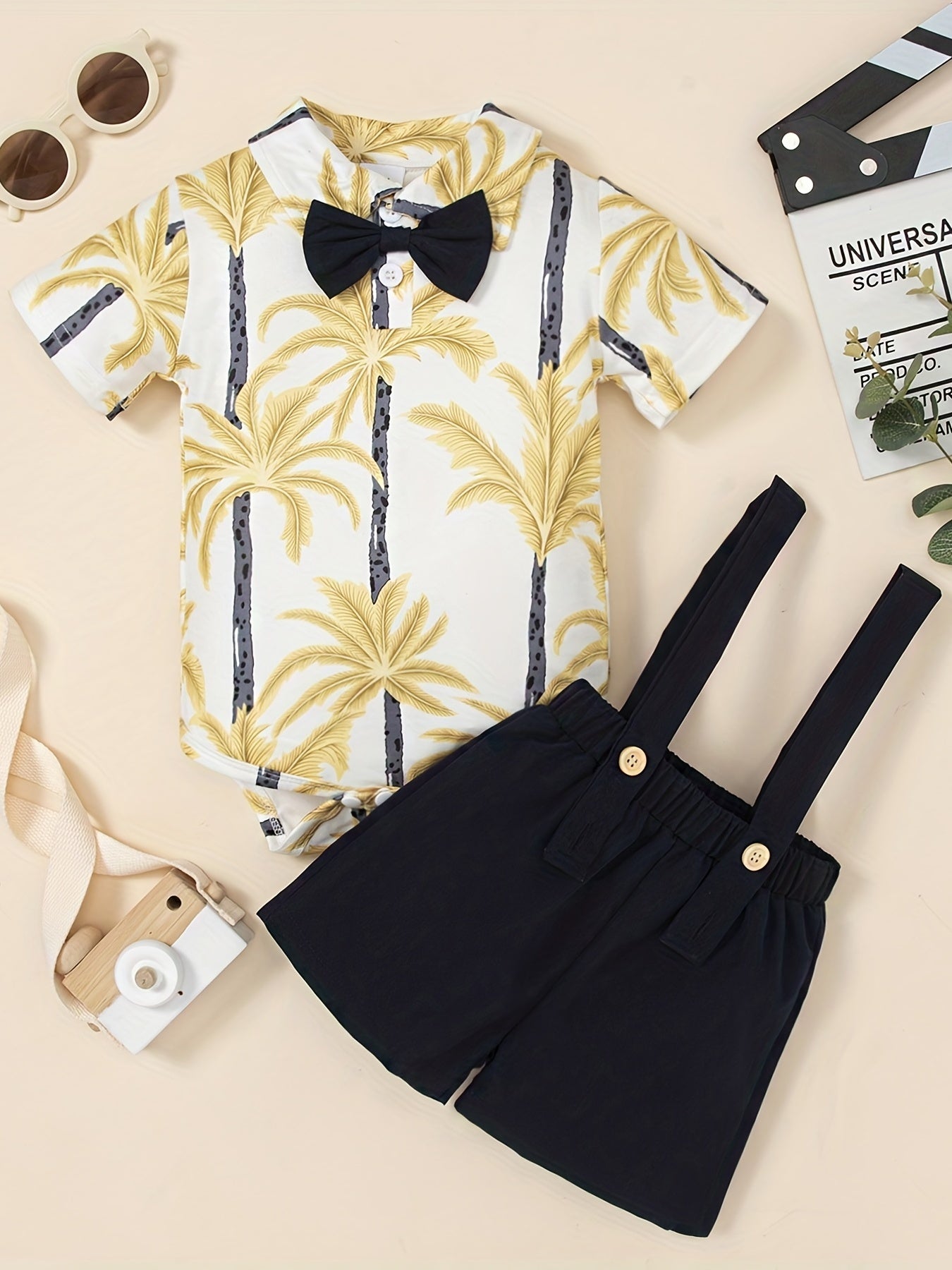 2pcs Baby Boys Coconut Tree Onesie & Suspender Shorts Set