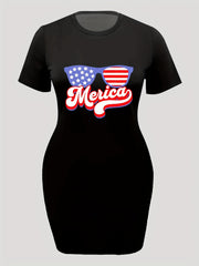 Plus Size Flag Pattern Glasses Print High Stretch Dress