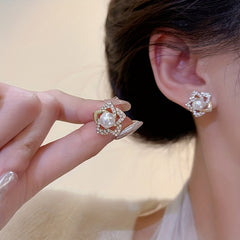Vintage Rose Flower Rhinestone Pearl Stud Earrings Jewelry Gift