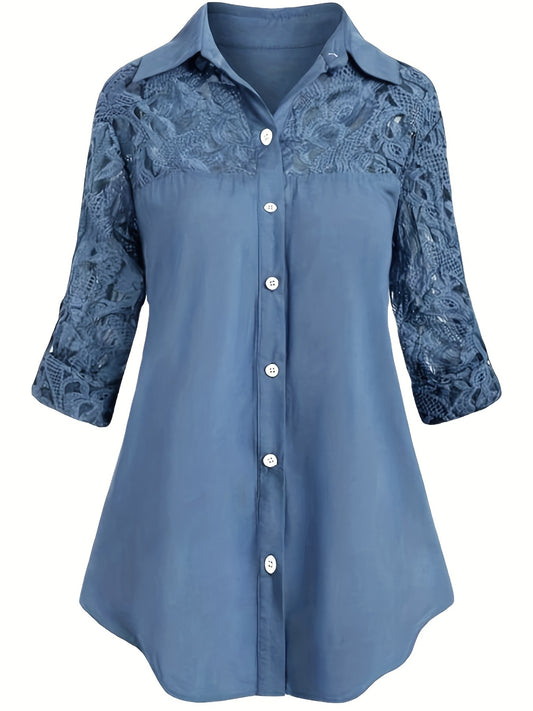  Casual Blouse Women's Contrast Lace Button Up Roll Up Sleeves