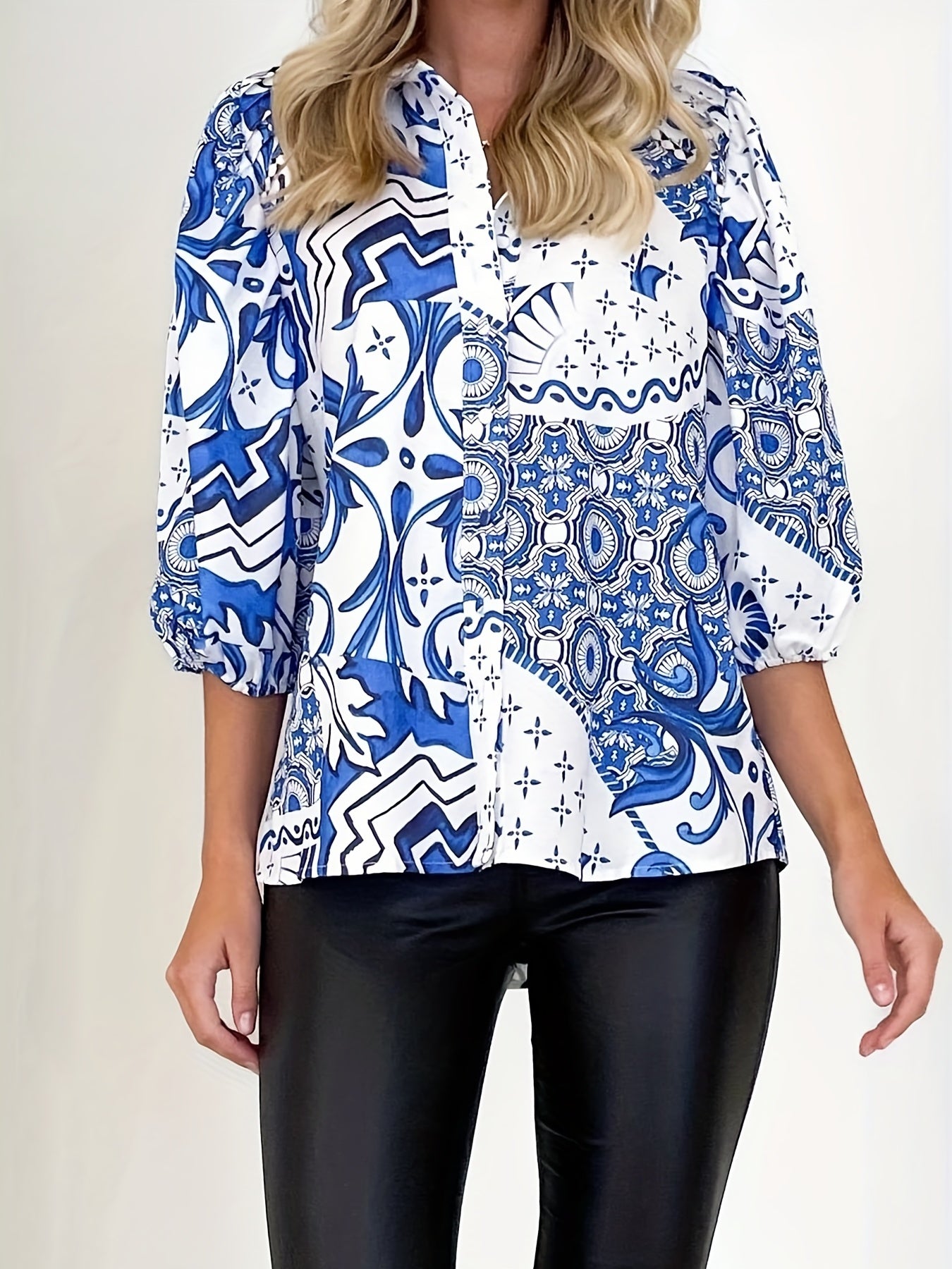 Plus Size Chinoiserie Print Long Sleeve Blouse